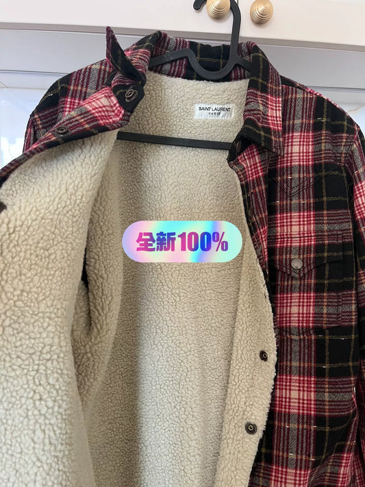 Saint Laurent Red/Black Plaid Shearling Shirt Jacket