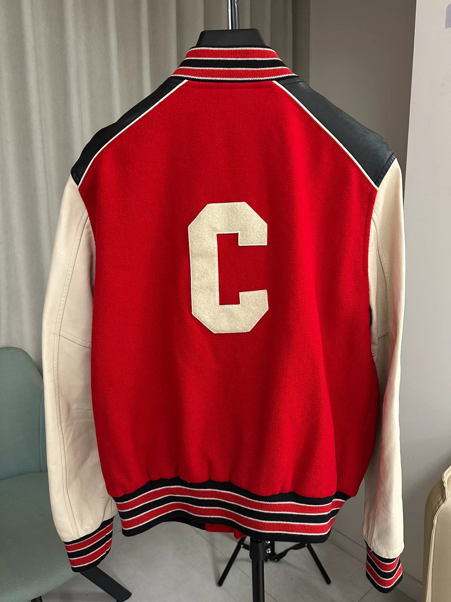 Celine Red Wool Leather Sleeve Bomber Jacket