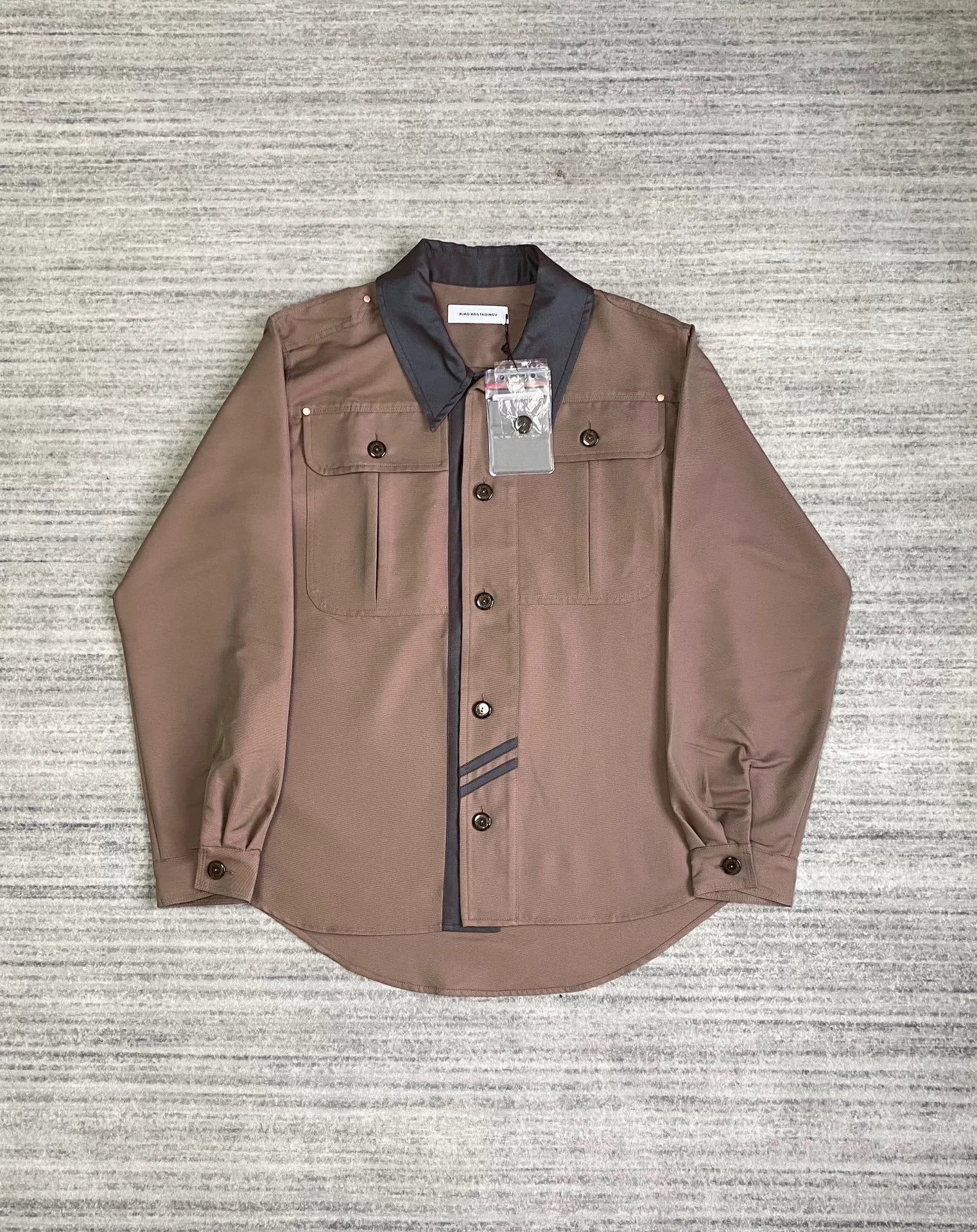 brown patchwork jacket by Kiko Kostadinov