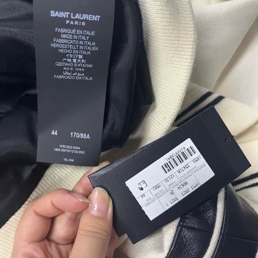 Saint Laurent White Striped Leather Sleeve Jacket