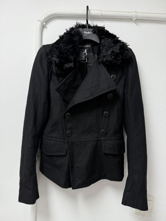 black double-breasted jacket with fur collar