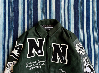 neighborhood stadium jacket with leather sleeves