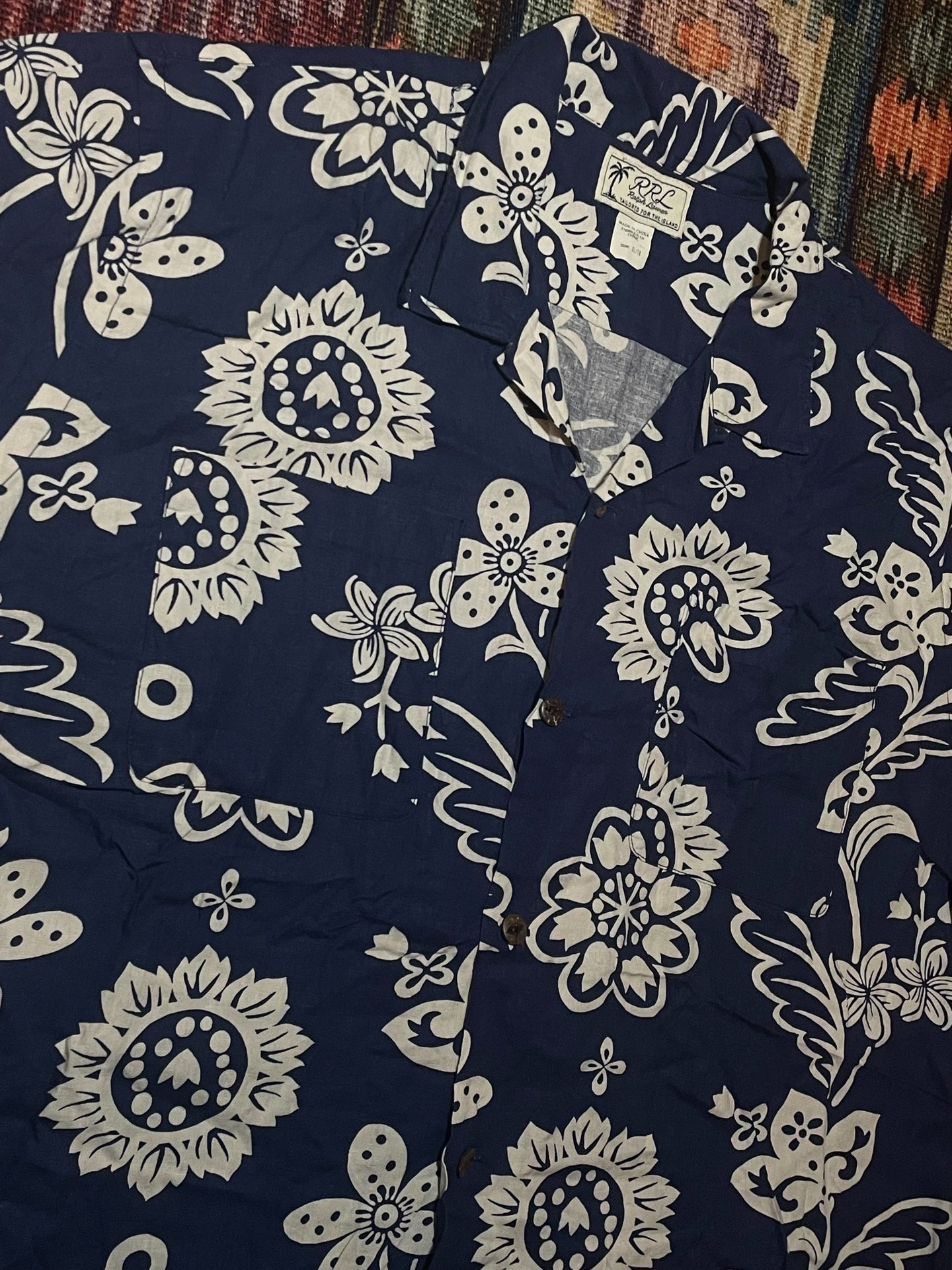 RRL Indigo Print Linen Blend Hawaiian T-shirt XL