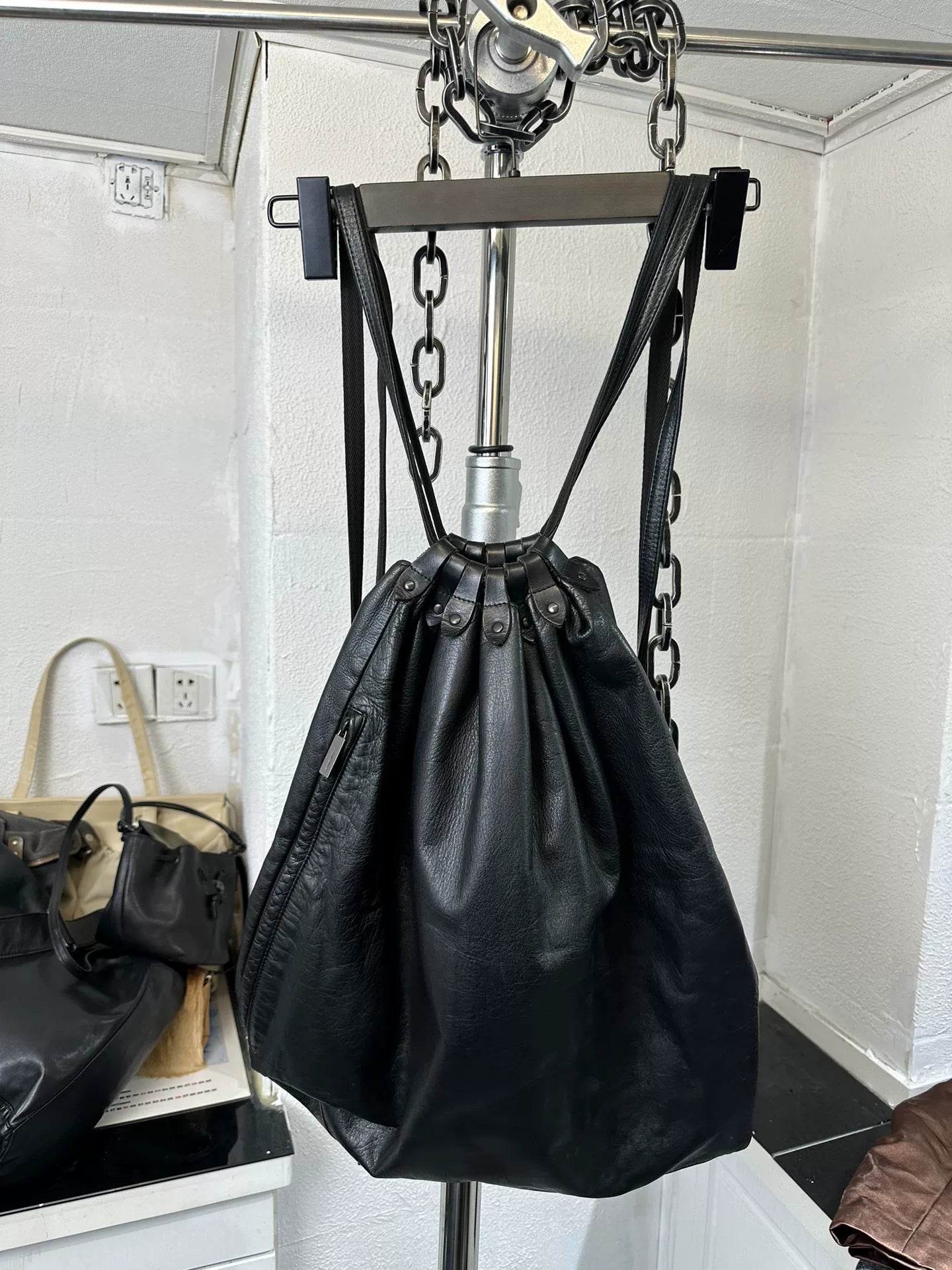 yohji yamamoto leather drawstring bag