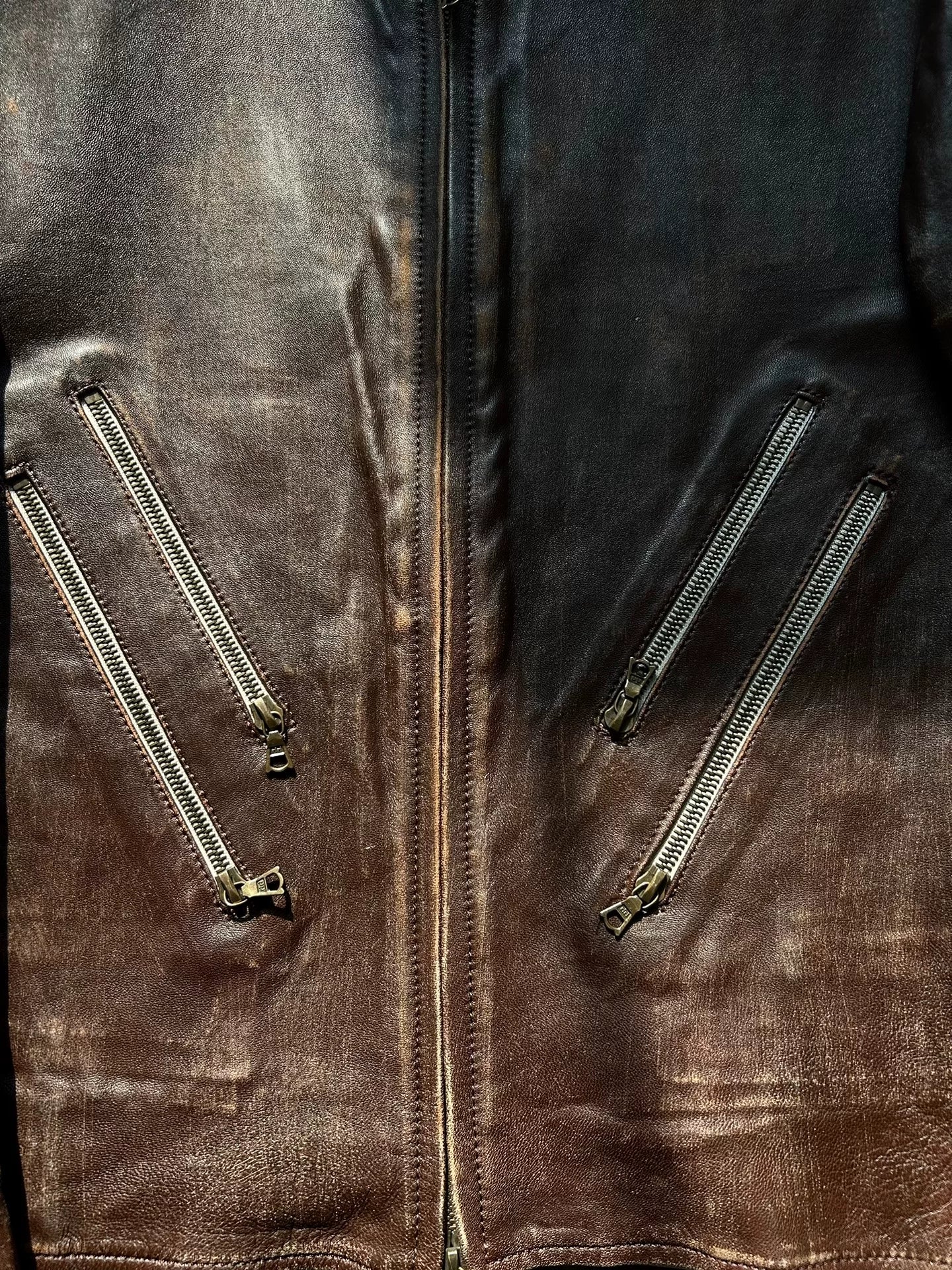 distressed leather jacket with four pockets