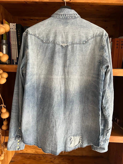 rrl distressed denim long sleeve shirt
