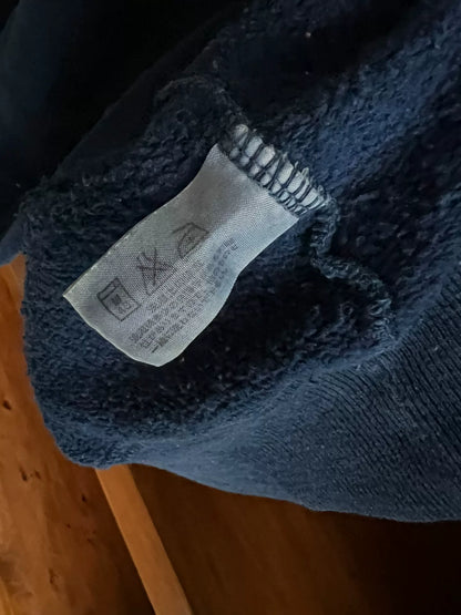 blue denim wash sweatshirt with text