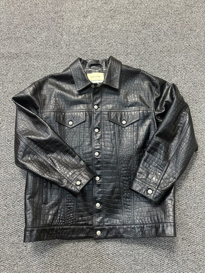 black leather shirt jacket with unique texture