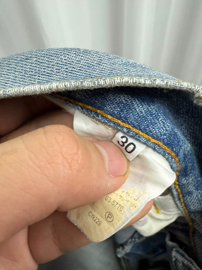 classic washed denim pants with distressing