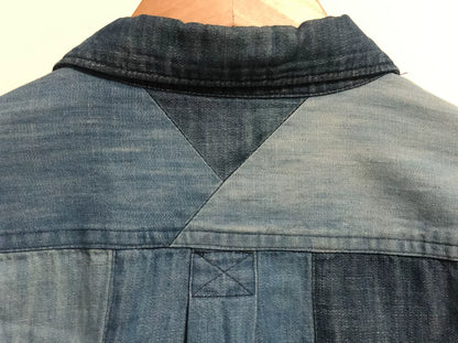 indigo patchwork button-up shirt made in japan