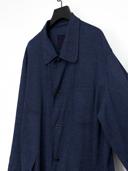 blue dyed linen coat by VIDALENC