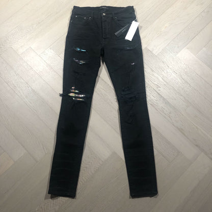 AMIRI Black Distressed Jeans with Floral Lining