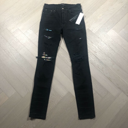 AMIRI Black Distressed Jeans with Floral Lining