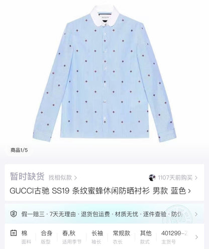 gucci light blue embroidered bee long sleeve shirt