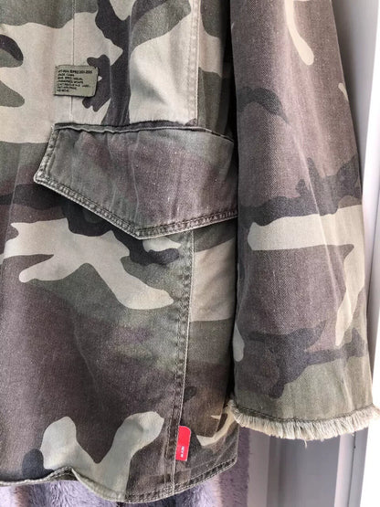 camo jacket with unique distressed details