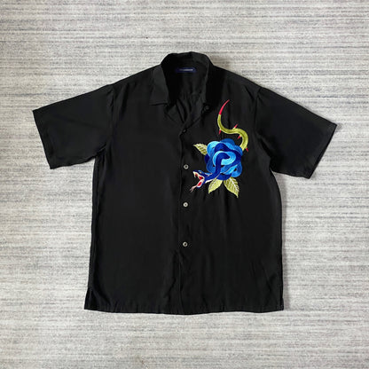 rose embroidered short-sleeve hawaiian shirt