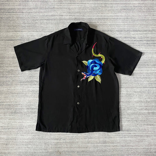 rose embroidered short-sleeve hawaiian shirt