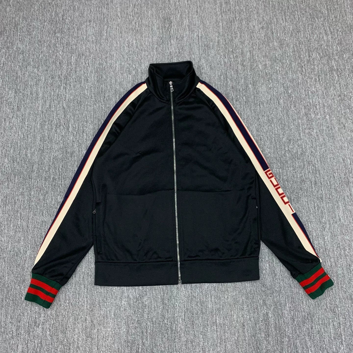 gucci black logo jacket with side stripes