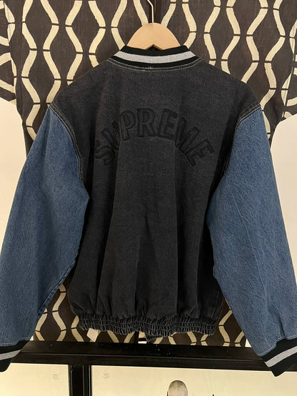 supreme denim varsity jacket in green and blue