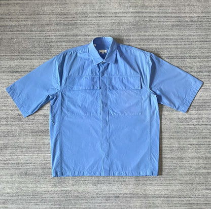 blue short sleeve utility shirt
