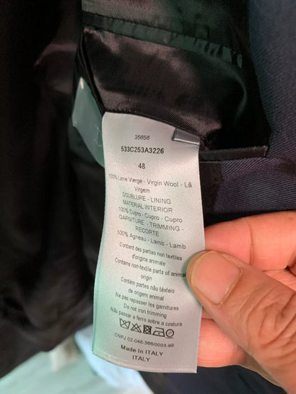 navy wool blazer with leather trim