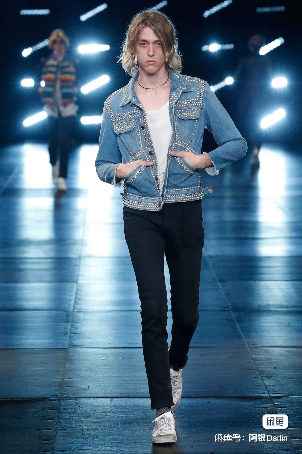 saint laurent light blue studded denim jacket
