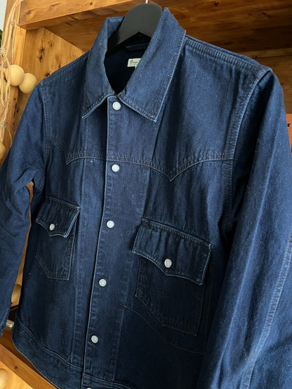 blue dyed work jacket with gem buttons