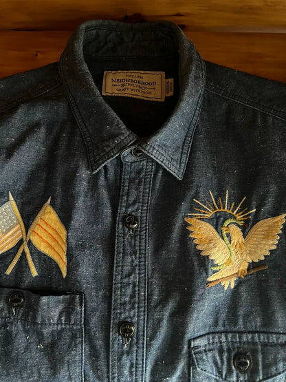 premium blue denim embroidered utility shirt