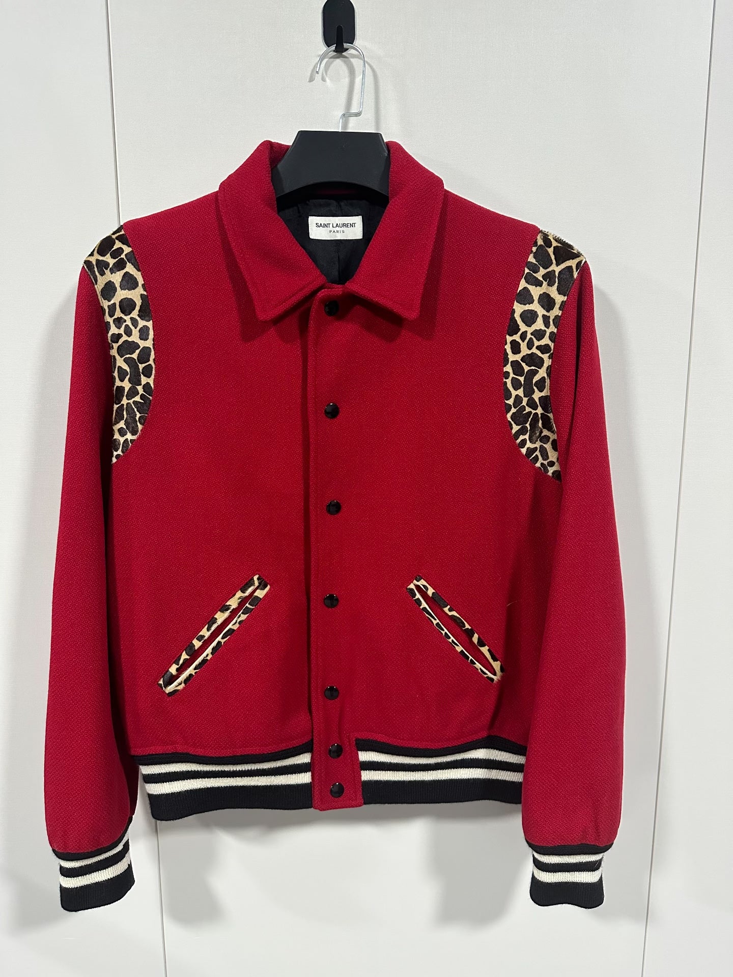 Saint Laurent Red Leopard Wool Varsity Jacket