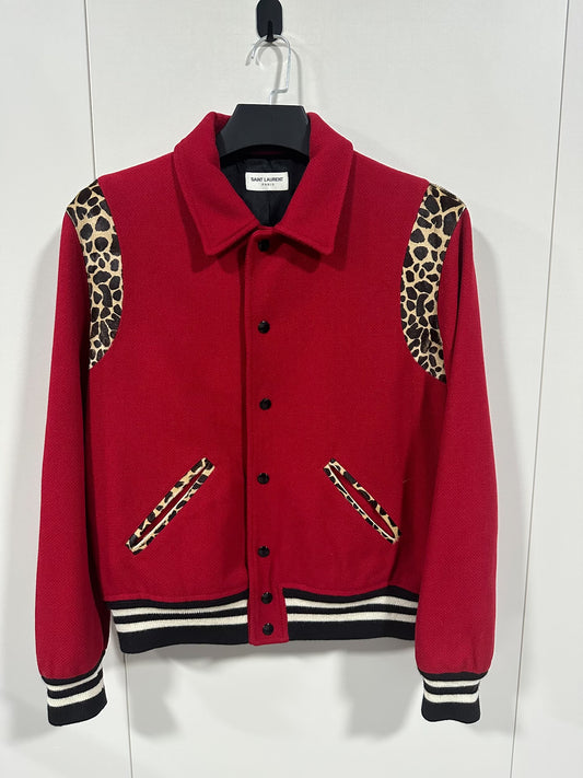 Saint Laurent Red Leopard Wool Varsity Jacket