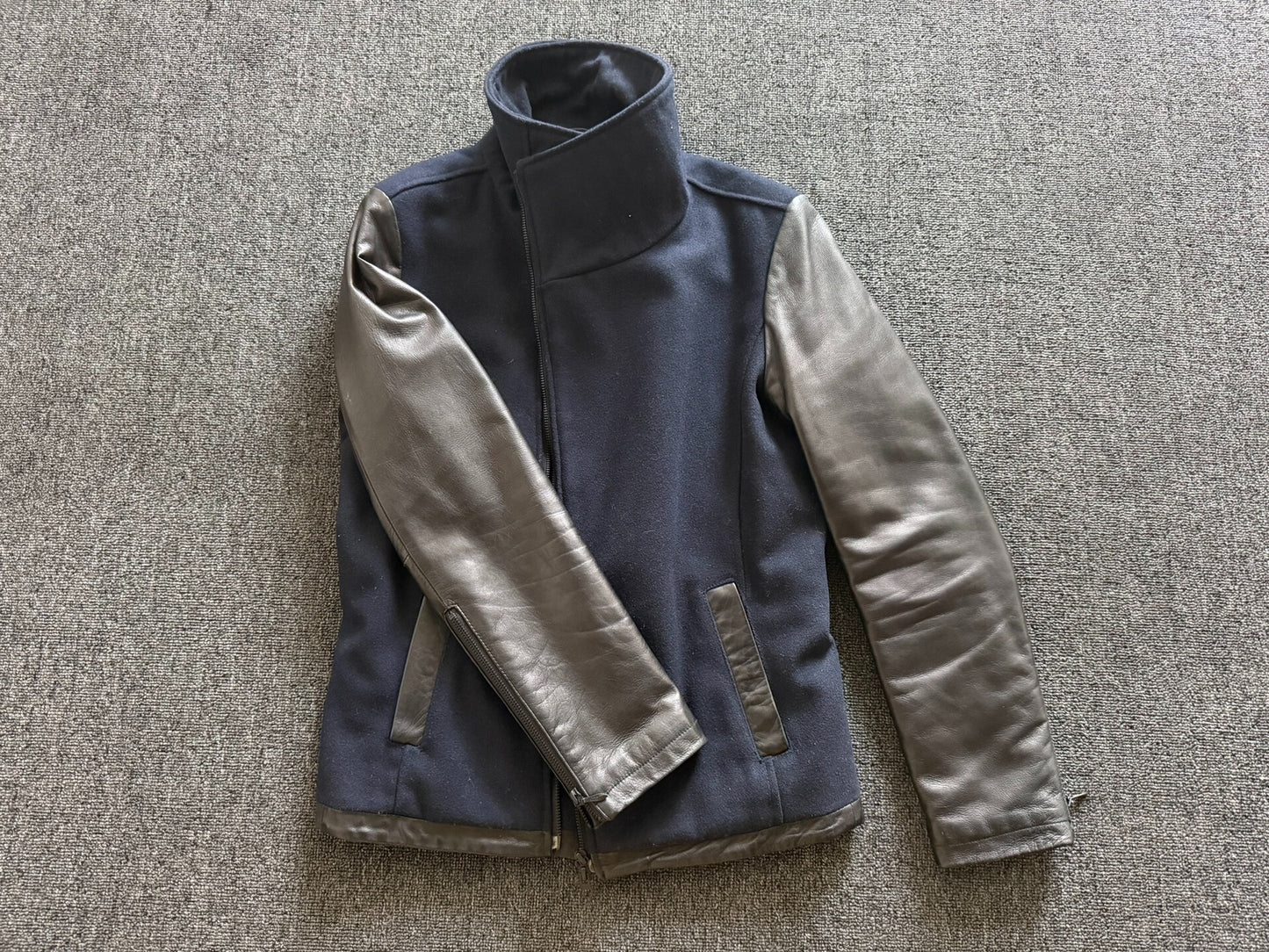 Flap Collar Leather Wool Jacket