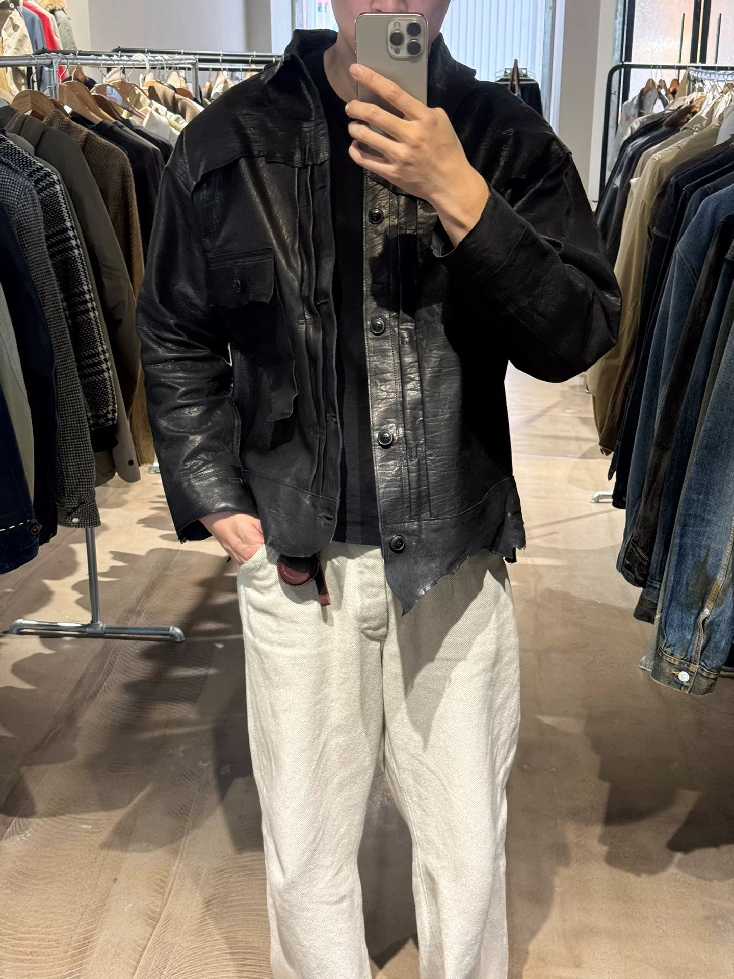 good karma leather shirt jacket in black