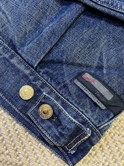 stylish blue denim jacket with gold buttons
