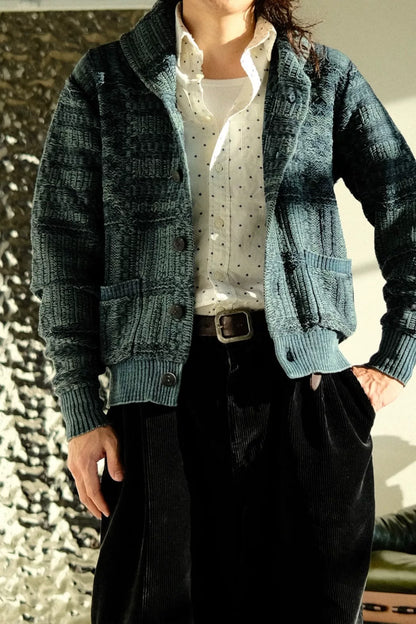 RRL 2025 FW Jacquard Shawl Collar Blue Cardigan