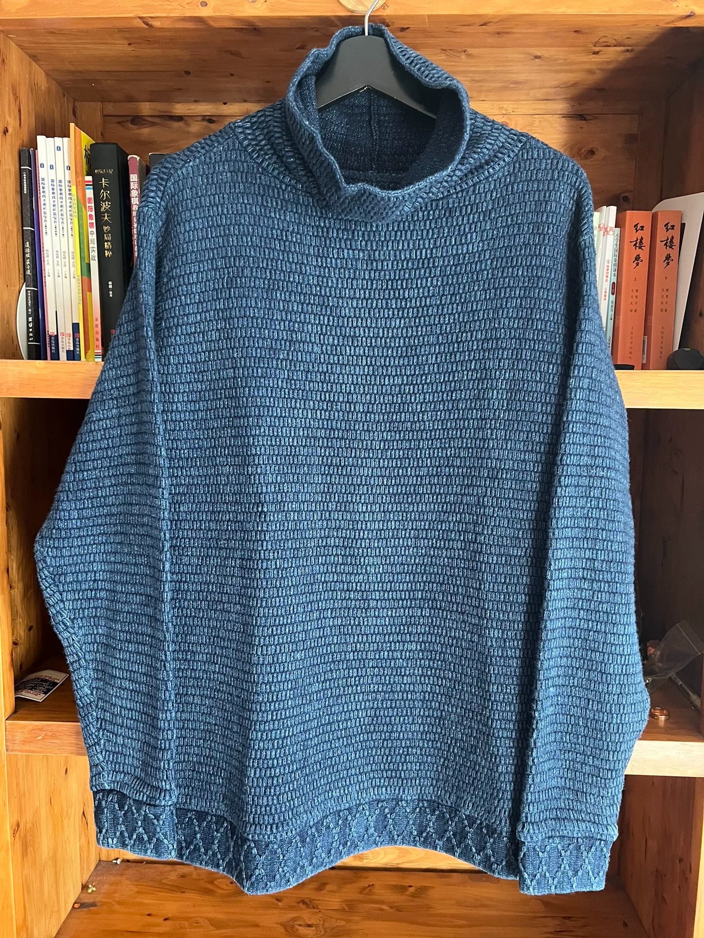 porter classic blue knit high-neck sweatshirt