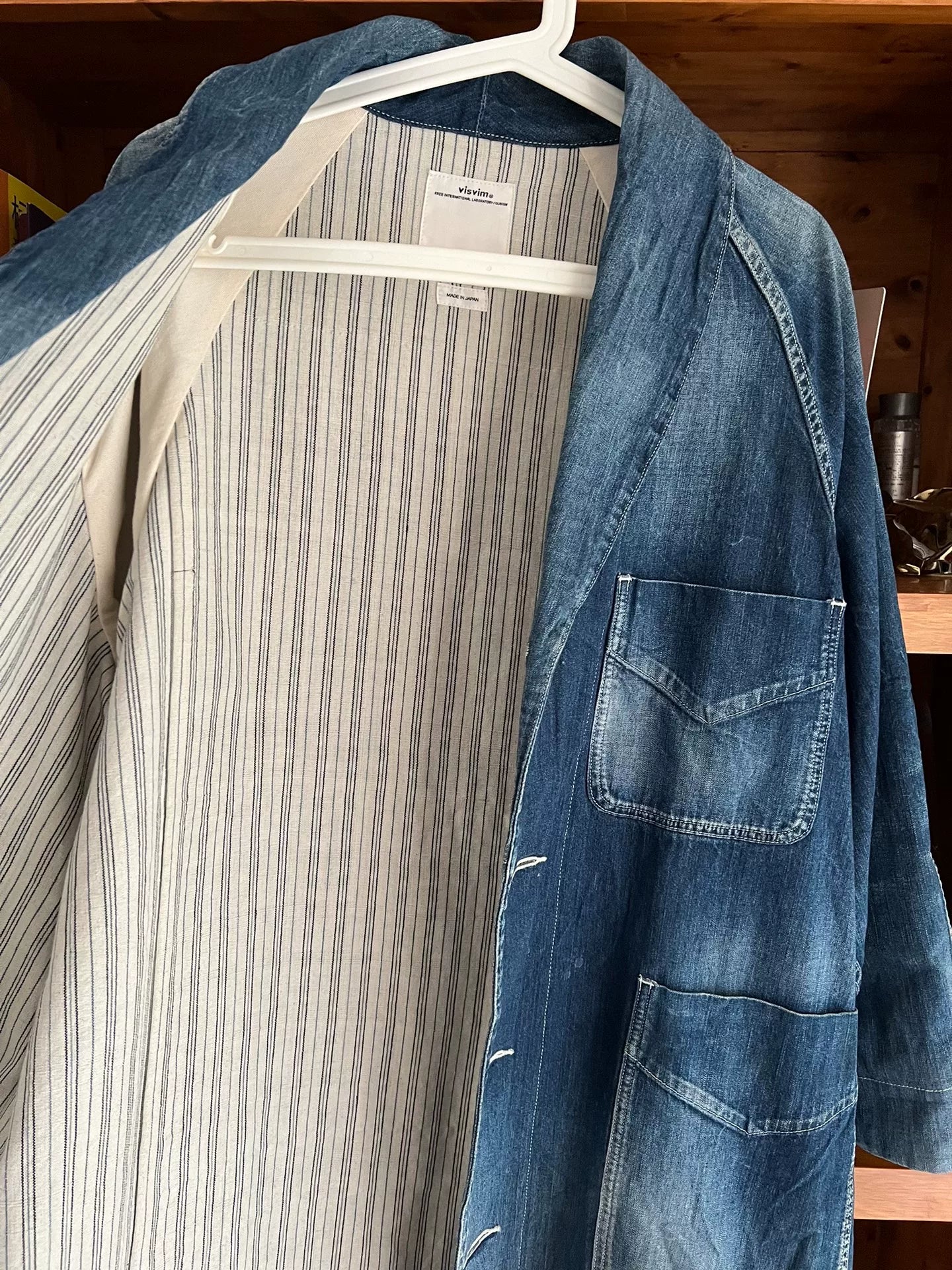 visvim four corners coat in blue denim