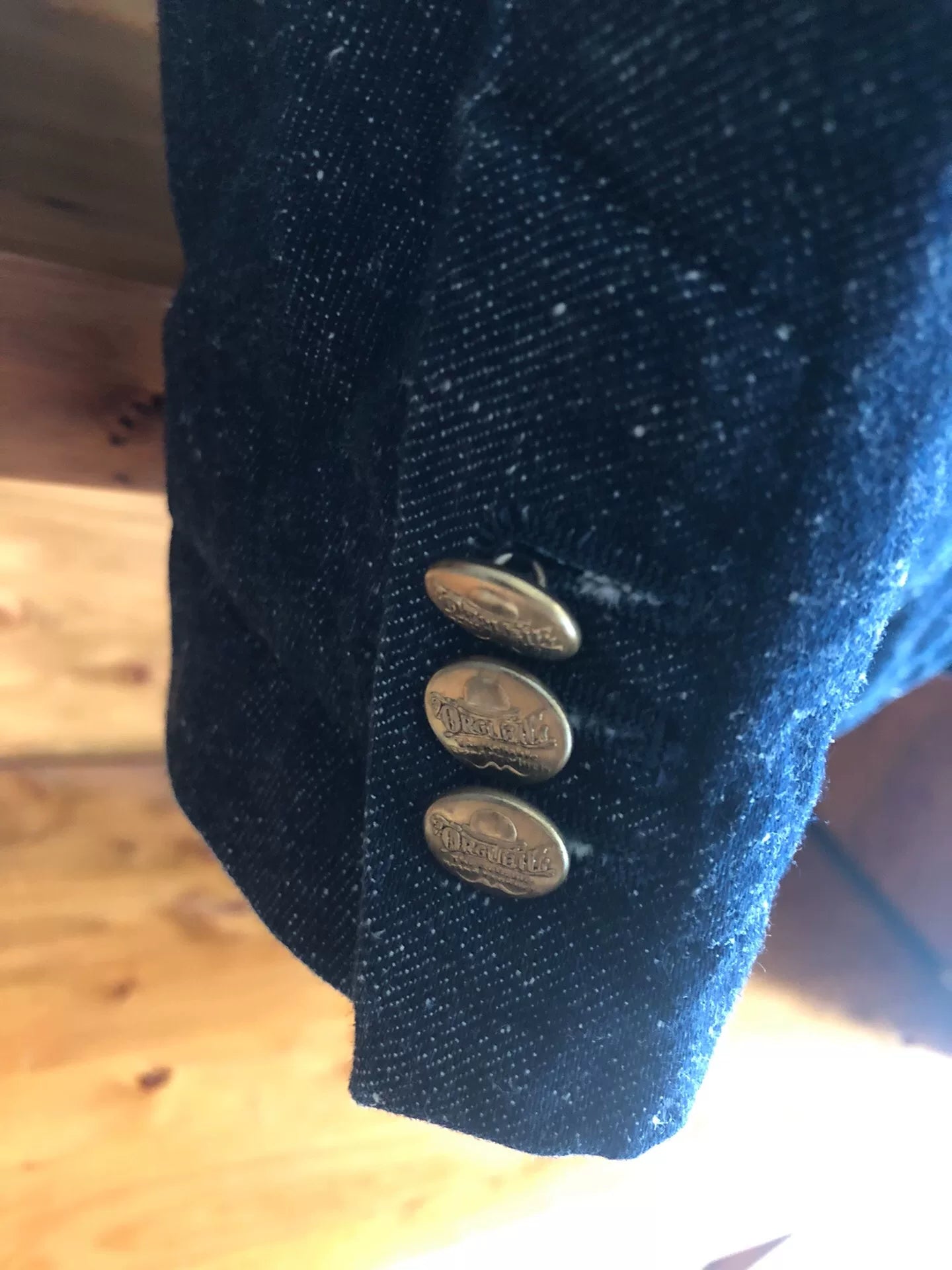 vintage denim blazer with gold buttons