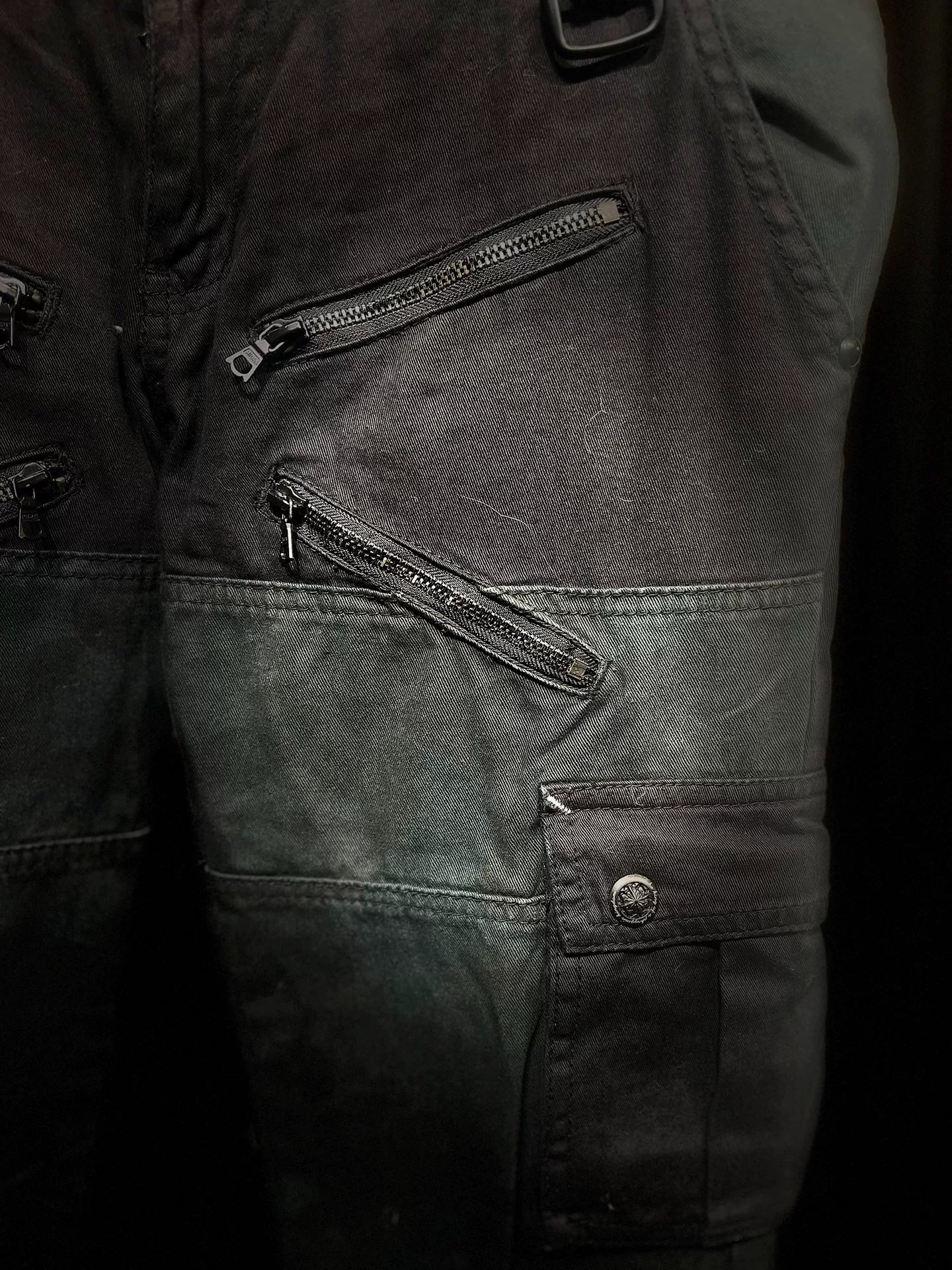 dark avant-garde cargo pants with zippers
