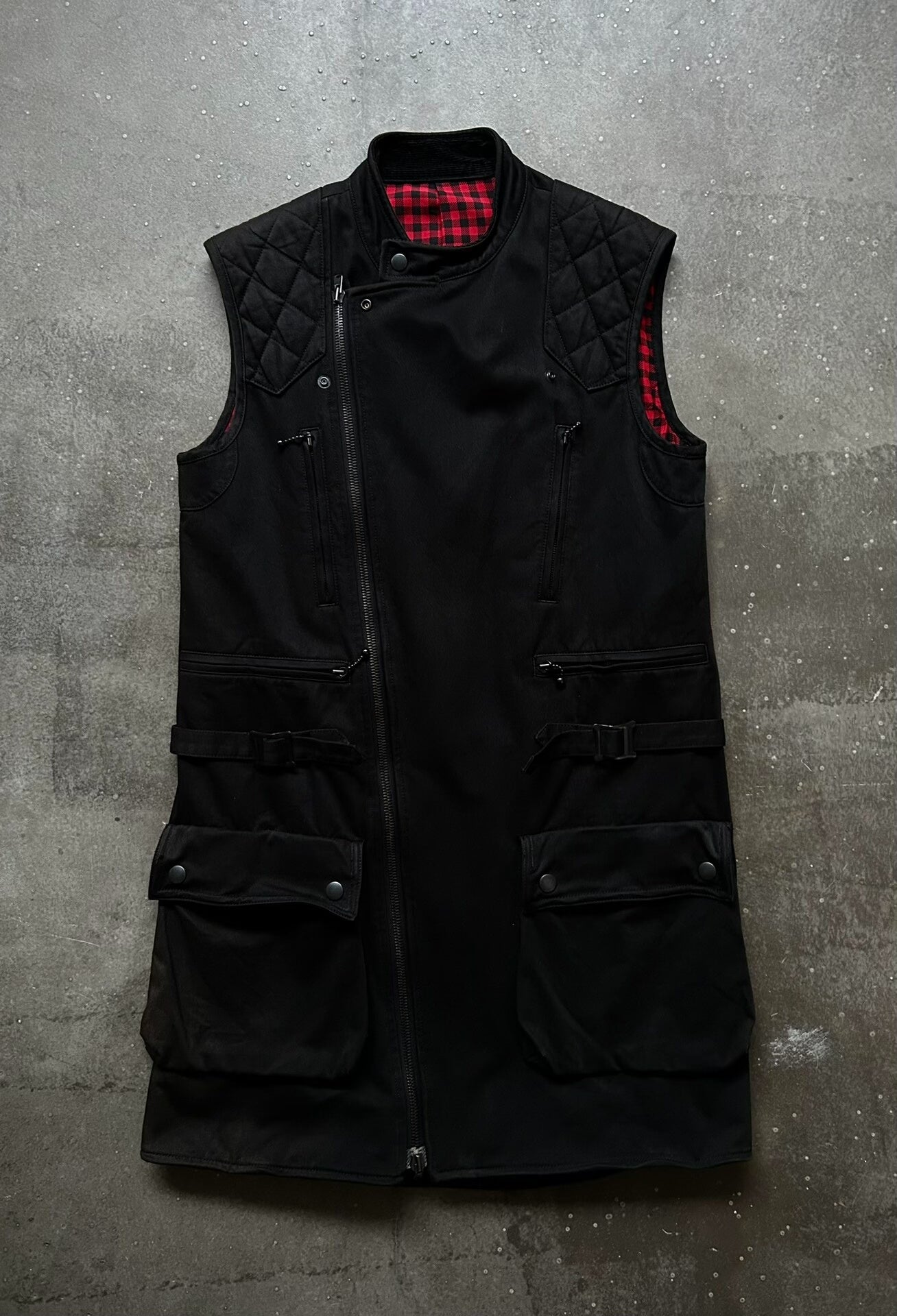 black motorcycle vest with quilted design