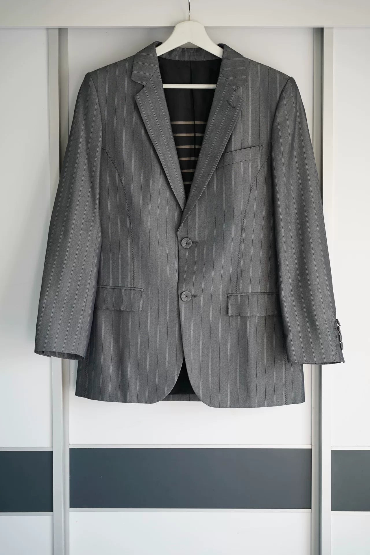 gray striped suit by Jean Paul Gaultier