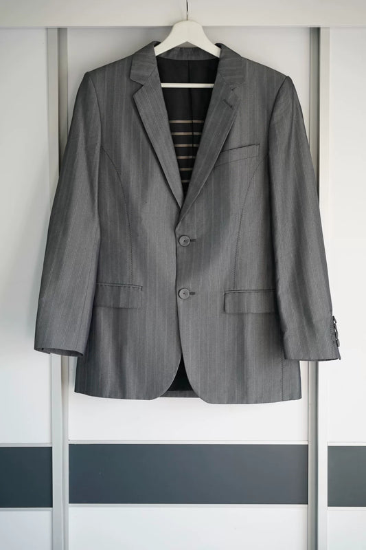 gray striped suit by Jean Paul Gaultier