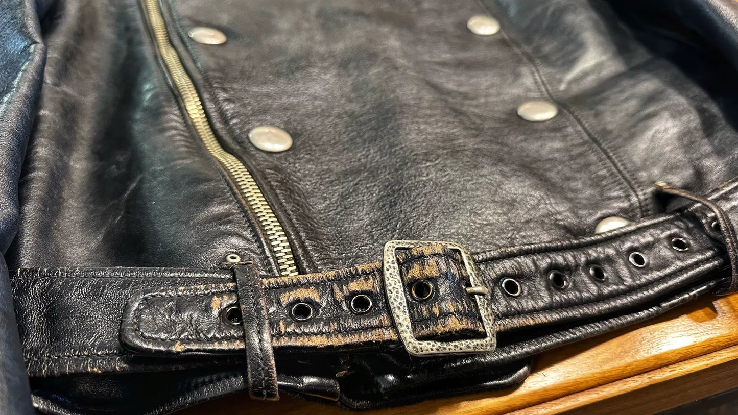 rare black leather biker jacket with buttons