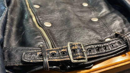 rare black leather biker jacket with buttons