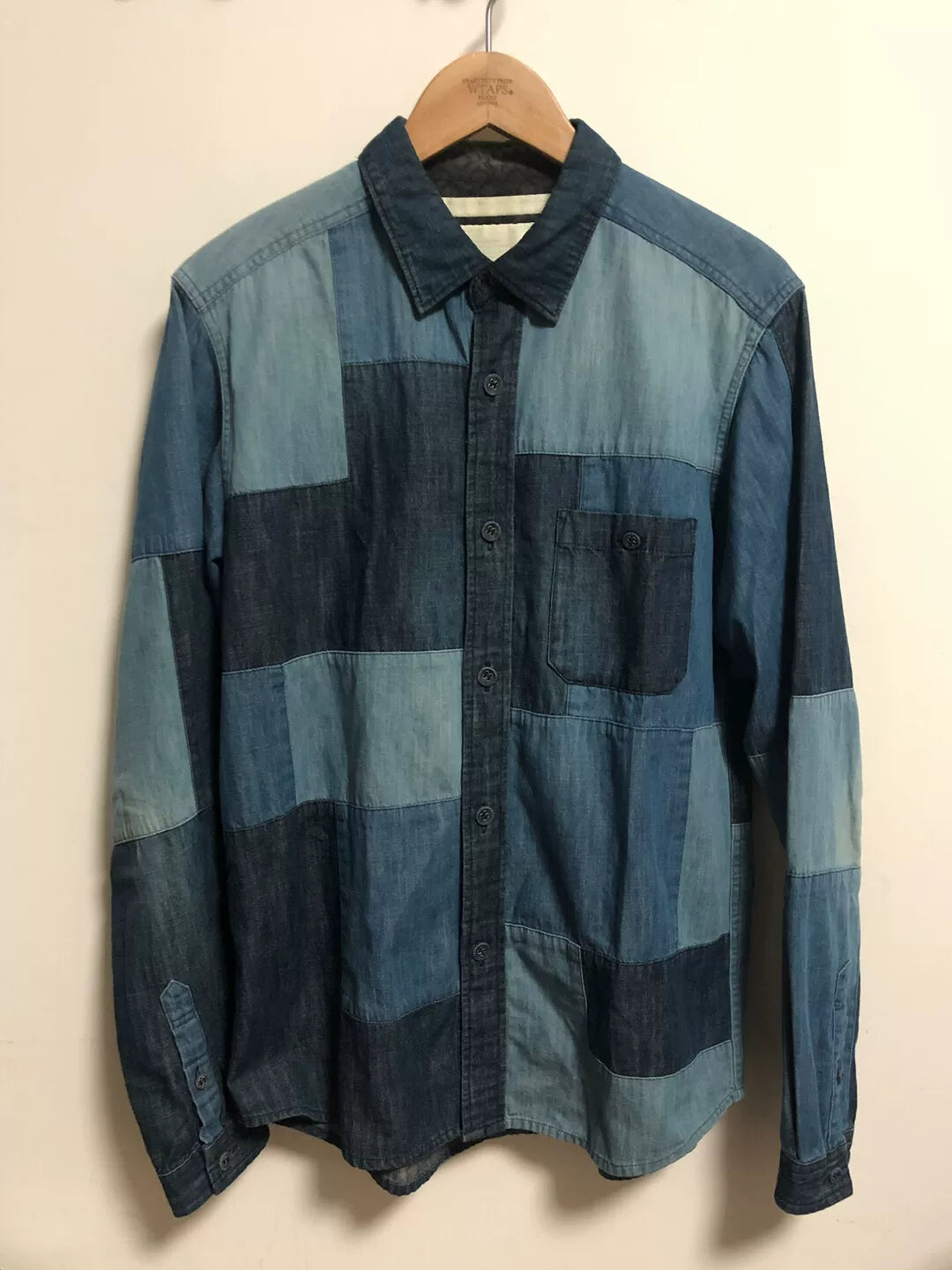 indigo patchwork button-up shirt made in japan
