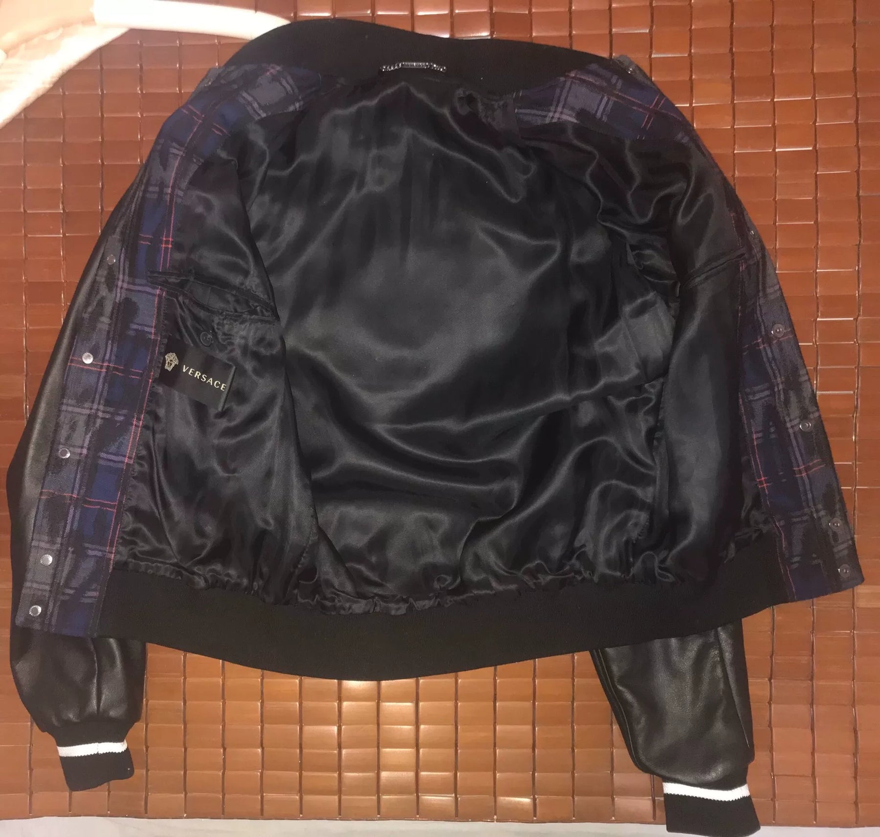 Versace Blue Plaid Leather Sleeve Jacket