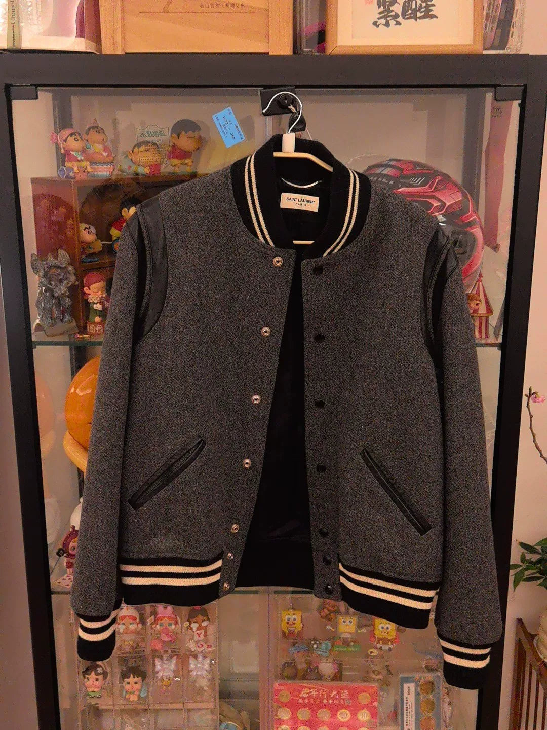 Saint Laurent Gray Wool Leather Sleeve Jacket