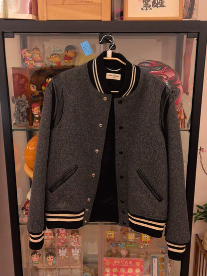 Saint Laurent Gray Wool Leather Sleeve Jacket