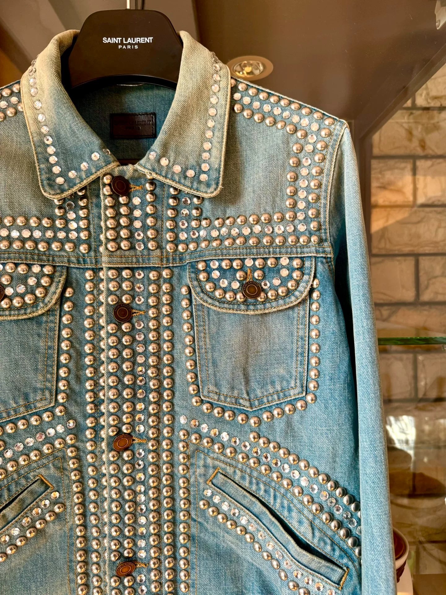 saint laurent light blue studded denim jacket