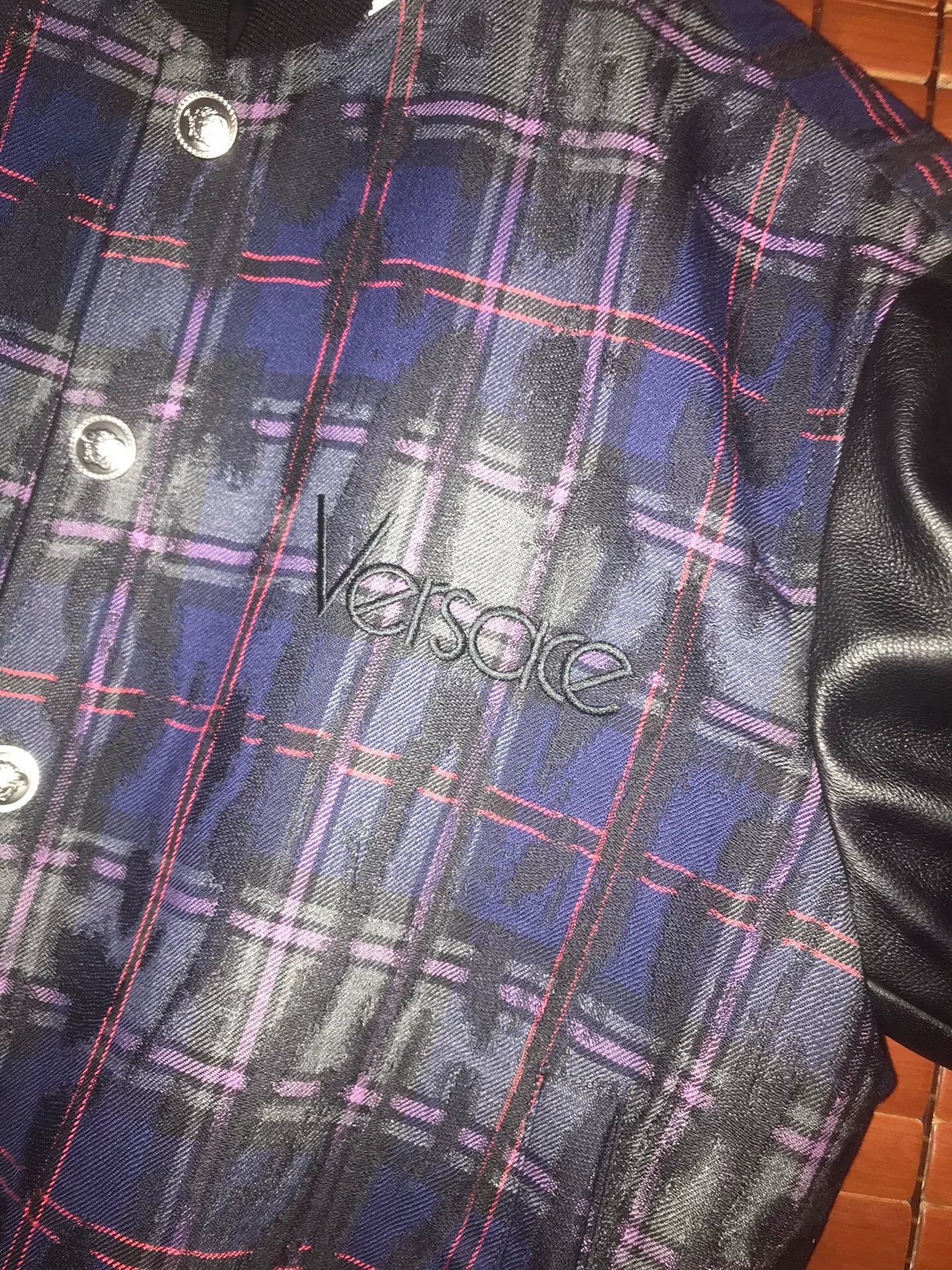 Versace Blue Plaid Leather Sleeve Jacket