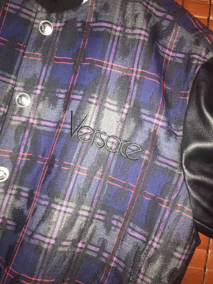 Versace Blue Plaid Leather Sleeve Jacket